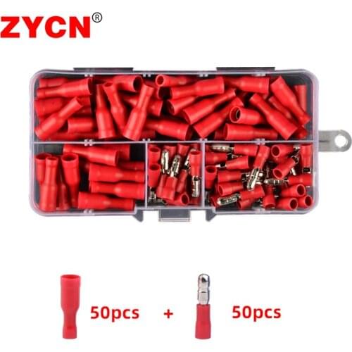 100pcs 50pairs Male Female Bullet Connector Insulating Joint Crimp Terminals Audio Wiring Cable Eletric Plug Adapter FRD MPD 4.9
