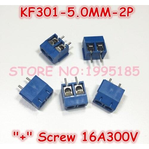 100Pcs/Lot KF301-2P KF301-5.0-2P Blue KF301 "+"Screw 2Pin 5.0mm Straight Pin PCB Screw Terminal Block Connector 300V16A
