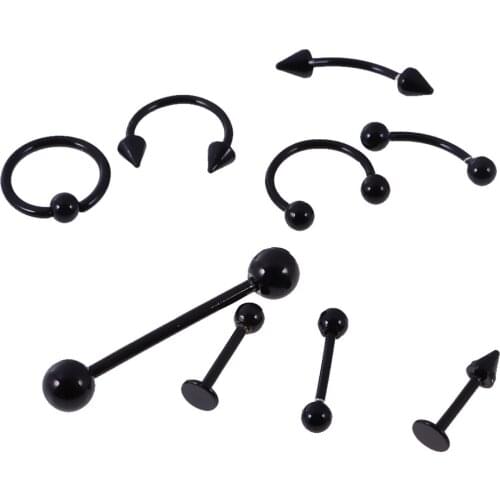 9Pcs Unisex Black Steel Tongue Eyebrow Lip Belly Navel RingPiercing Jewelry