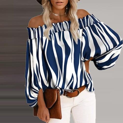 Lady Fashion Elegant Blusa Women Sexy Off Shoulder Elastic Blouses Autumn Shirts Retro Striped Print Lantern Sleeve Top Pullover