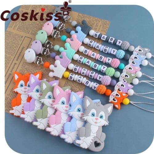 Coskiss Personalized Name Handmade Pacifier Clips Holder Chain Silicone Pacifier Chains Set Civet Cat Baby Teether Chain