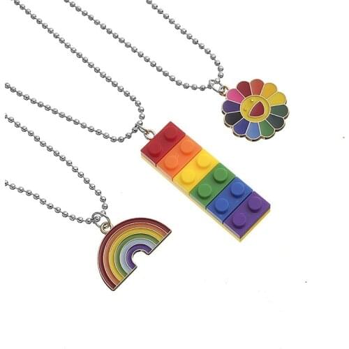 Fashion Rainbow Sun Flower Sunflower Necklace Chain Colorful Petals Smiley Building Block Hip Hop Pendant Necklace Women