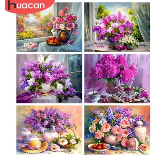HUACAN Full Square 5d Diamond Painting Flower DIY Mosaic Lilac DIY Diamond Embroidery Vase Handicraft Home Decor
