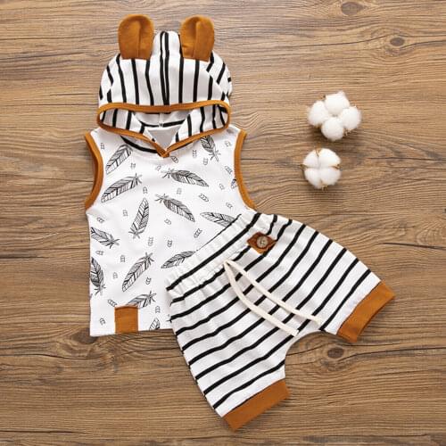 2pcs Toddler Baby Boy Girl Clothes Sleeveless Hooded Top+ Striped Short Pants Outfit Set