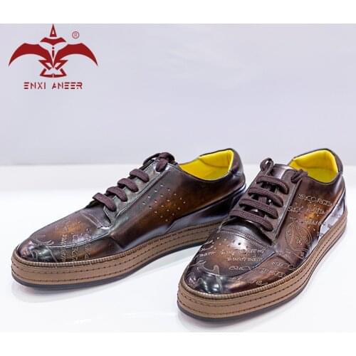 Patina Brown Color Sneakers for Men Lady 100% Genuine Leather Men Shoes Carving Letter Vintage Style