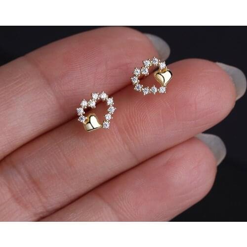 Minimalist Female Crystal Small Heart Earrings Real 925 Sterling Silver Gold Stud Earrings For Women Cute Wedding Earrings