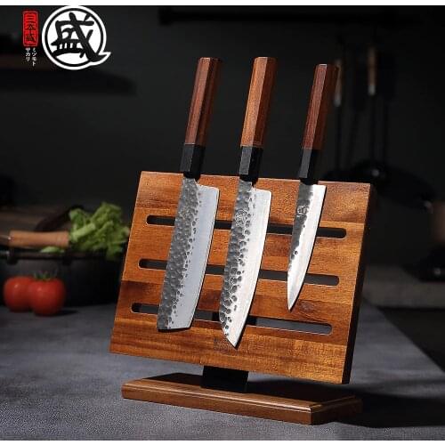 MITSUMOTO SAKARI Powerful Magnetic Double-sided Knife Holder with Gift Box Japanese Acacia Wood Knife Block without Knives