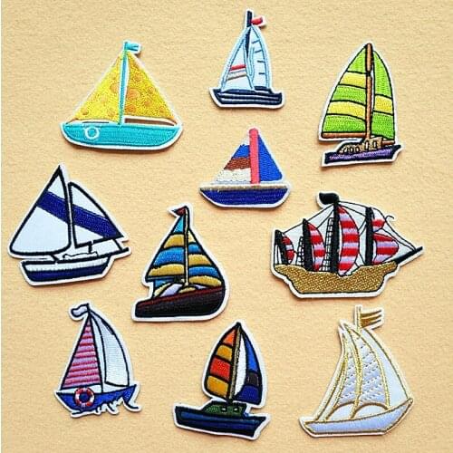 20pcs/lot Embroidery Patches Letters Cute Boat Sailboat Clothing Accessories Heat Transfer Badge Iron Clothes