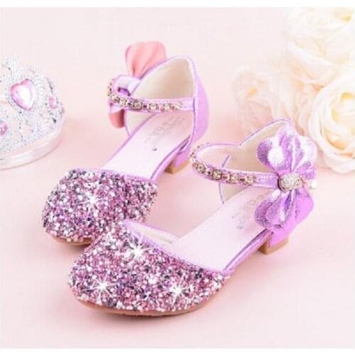 Girls Sandals Children High Heel 2021 Summer Rhinestones Bow Student Princess Kids Dance Performance Shiny Glitter Crystal Shoes