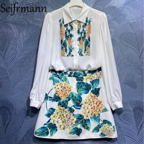 Seifrmann New 2021 Summer Women Fashion Runway Skirts Set Lantern Sleeve Loose Blouses + High Waist A-Line Skirts 2 Pieces Suits