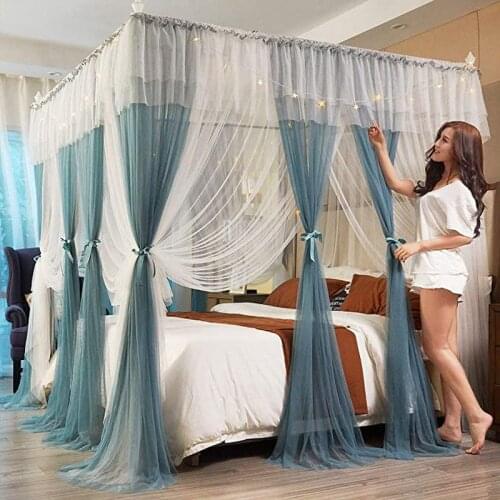 Canopy Bed Curtains for Girls Blue and White Cozy Drape Netting 4 Openings Mosquito Net Bedroom Decoration Accessories