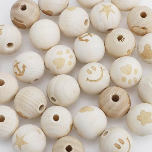 Mix20pcs 20mm DIY Smiling Face Wooden Beads Natural Ball Round Natural Wood Beads Smiling Face Heart Star Lead-Free Wooden Balls