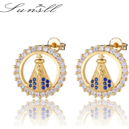 SUNSLL New earrings designed by Madonna AAA cubic zirconia blue crystal earrings for women fashion round religious jewelry gifts