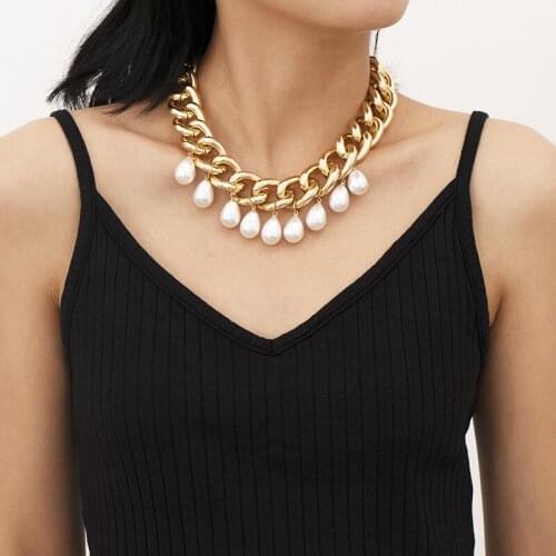 TARCLIY Punk Exaggerated Geometric Aluminum Choker Chain Necklace Vintage Imitation Pearl Pendant Necklace Trendy Woman Jewelry