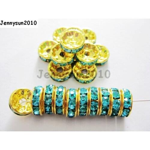 200pcs/lot 8mm Top Quality Czech Crystal Aqu Rhinestone Pave Rondelle Metal Spacer Loose Beads Jewelry Making