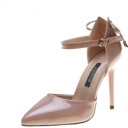 New Triangle Nude Heels Point Toe Office Shoes Womens Patent Leather Pumps Dress High Heels Wedding