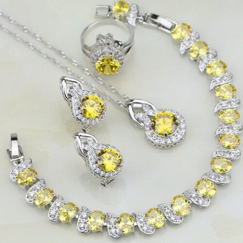 Yellow Cubic Zirconia White CZ Round 925 Sterling Silver Jewelry Sets For Women Party Ring/Earring/Pendant/Necklace/Bracelet