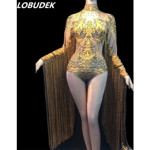 Gold Rhinestones Long Tassels Sleeve Bodysuit Women Stage Dance Costume Nightclub DJ Singer Performance Fringes Jumpsuit Leotard