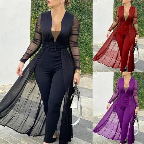 2021 Jumpsuit Solid Color Skinny Playsuit Women Long Sleeve Sheer Patchwork Waist Tight Belt Overall For Party Jumpsuit Overalls