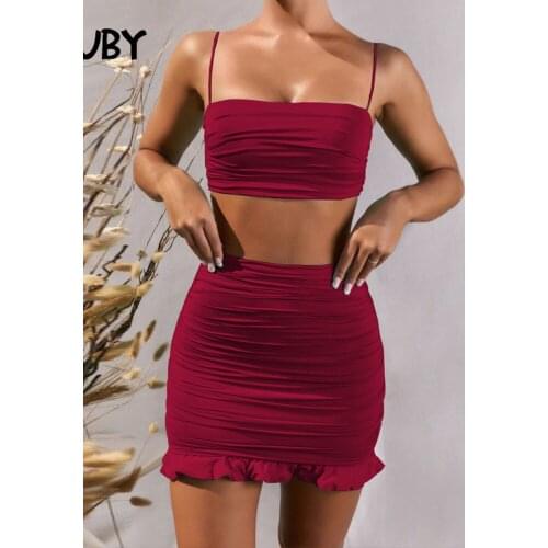 DGIRL Ruffle Summer Two Piece Set Strapless Off Shoulder Red Sexy 2 Piece Set Women Dress Sleeveless Club Party Matching Set New