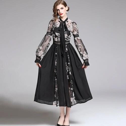 Women Embroidery Lace Up Long Lantern Sleeve Transparen Bow Long Dress Plus Size