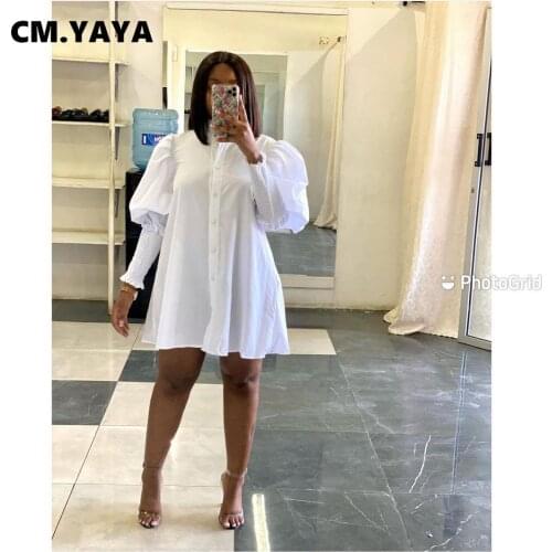 CM.YAYA Women Mini Dress Solid Full Lantern Sleeve Single Breasted Loose Straight Dresses Fashion Vestidos Casual Outfit Autumn