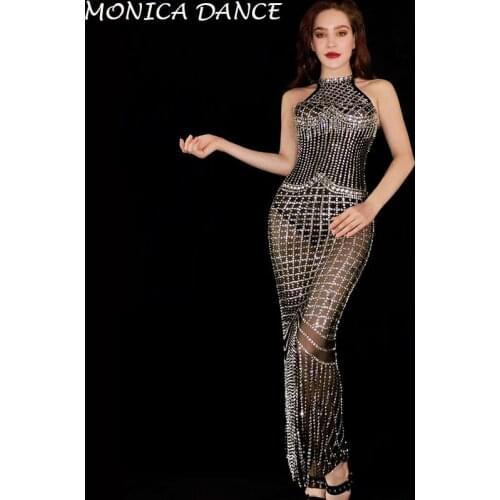 Women Sexy Flashing Silver Rhinestones See Through Black Dress Bar Prom Party Birthday Celebrate Dress Dance Outfit Long Dresses