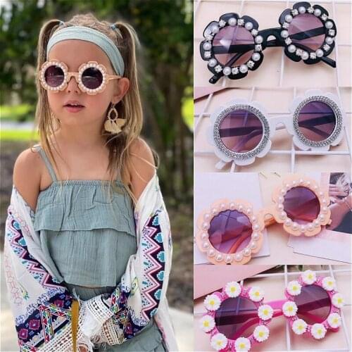 2021 Fashion Kids Girls Boys Sun Glasses Daisy/Rhinestone Pearl Frame Beach Sunglasses Children Eyewear
