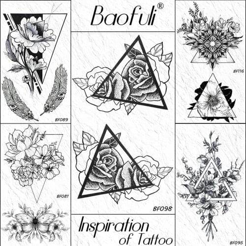 3D Black Geometric Sketch Rose Flower Temporary Tattoo Triangle Leaves Flora Waterproof Tatoo Sticker Body Art Arm Fake Tatoos