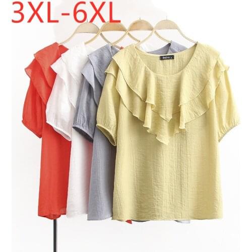 New 2021 summer plus size tops for women large blouse short sleeve casual loose ruffle chiffon shirt yellow red 3XL 4XL 5XL 6XL