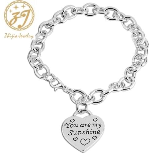 Zhijia silver you are my sunshine Bracelets trendy women bracelet rolo Chain cute heart charm bracelet valentines day gift