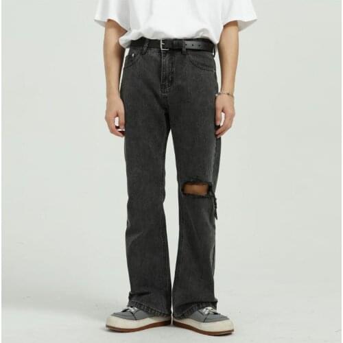 Korean Hole Jeans Pants Men 2021 New Fashion Water Wash Casual Straight Loose Trousers Male Trendy Streetwear Personality Jeans