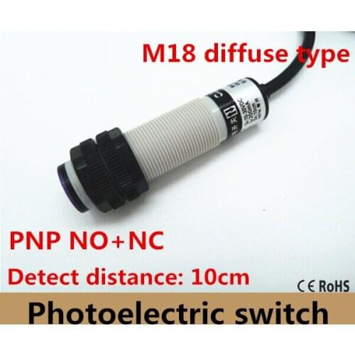 M18 diffuse type DC10-30V PNP NO+NC plastic sheel photoelectric sensor switch infrared photocell sensor distance 10cm, 4 wires