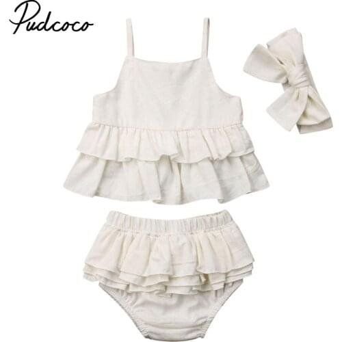 3pcs Kids Baby Girls Solid Clothes Ruffle Sling Dress Tops + Shorts + Headband Outfits Summer