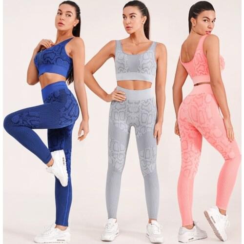 Yoga suit new snakeskin patterned high-waisted hip sports tights vest two-piece set two-piece piece yoga set women