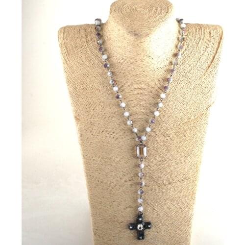 Md Fashion Bohemian Jewelry Black Crystal Glass Rosary Chain Pendant Star Cross Necklaces