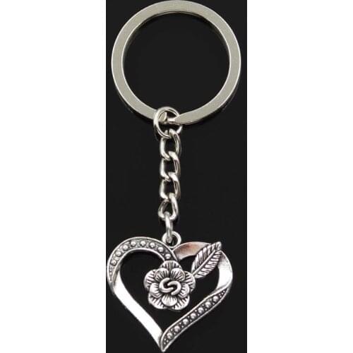 Fashion Keychain 28x28mm Heart Flower Silver Color Pendants DIY Men Jewelry Car Key Chain Ring Holder Souvenir For Gift