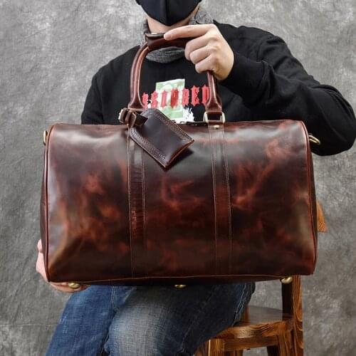 Mens genuine leather travel bag durable Thick crazy horse leather travel duffel Real leather Vintage Retro Look weekend bag