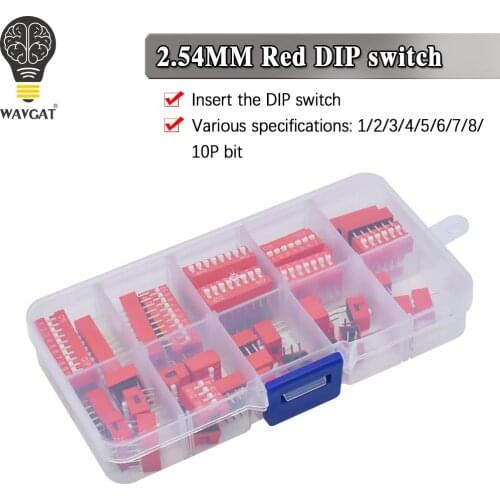 WAVGAT Dip Switch Kit In Box 1 2 3 4 5 6 7 8 10 Way 2.54mm Toggle Switch Red Snap Switches Mixed Kit Each 5PCS Combination Set