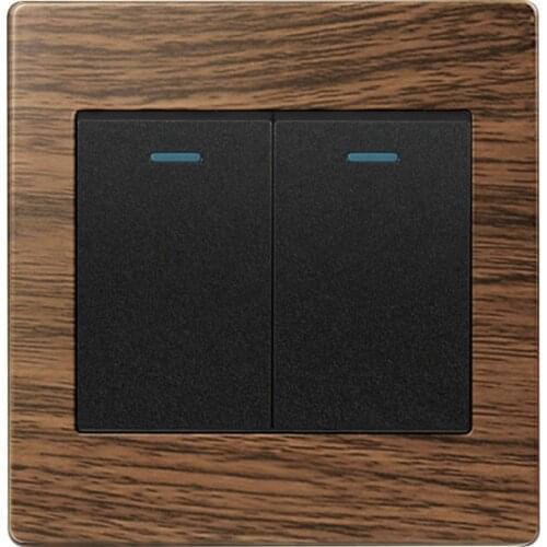 Luxury Push Button Wall Switch 2 Gang 2 Way Light Switch Interruptor Brushed Wood grain Panel 10A AC 110~250V