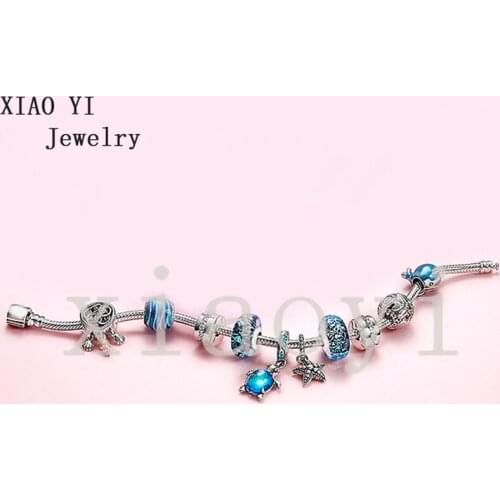 XIAOYI S925 2020 New 11 Popular summer ocean series blue secret fish starfish tortoise glass shell fashion DIY bracelet female