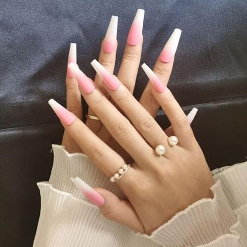 24pcs/Set Extra Long Matte Fake Nails European Pink White Gradient Artificial Ballerina Full Nail Art Decoration Tips with Glue