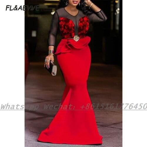 African Red Long Sleeve Evening Dress 2021 Mermaid Scoop Lace Appliques Floor Length Formal Evening Gown for Women