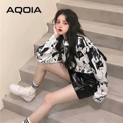 Y2K Street Style Hip Hop Long Sleeve Womens White Shirt Printed Button Up Ladies Blouses Oversize Long Sleeve Female Tops