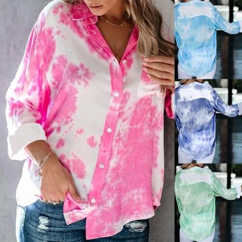 Fashion Women Long Sleeve Turn Down Collar Pocket Tie Dye Office Shirt Blouse Women Hot Sale Button Basic Blouses Fashion tops