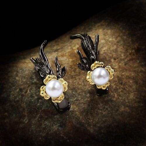 2020 Vintage Black Gold Freshwater Pearls Earrings for Women Cute Flower 925 Sterling Silver Dangle Earrings Christmas Gift