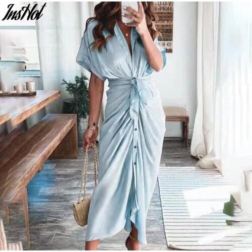 2021 New Bandage Single Breasted Dress Women Casual Short Sleeve Button Solid Maxi Dress For Woman Summer Holiday Style Dress