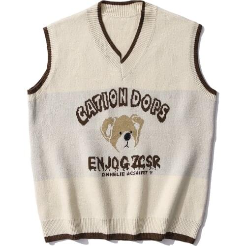 LACIBLE Harajuku Streetwear Knitted Vintage Bear Sweaters Vest Men 2021 Autumn Casual Sleeveless Knitwear Pullover Tops Unisex