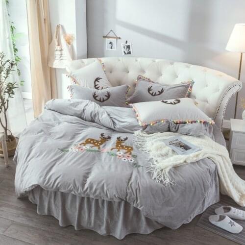 4 pcs Cashmere Round Bed Sheet Pillowcase Duvet Cover Sets Lace Edge Pillowcase /Bed Skirt Embroidery Cashmere Quilt Cover