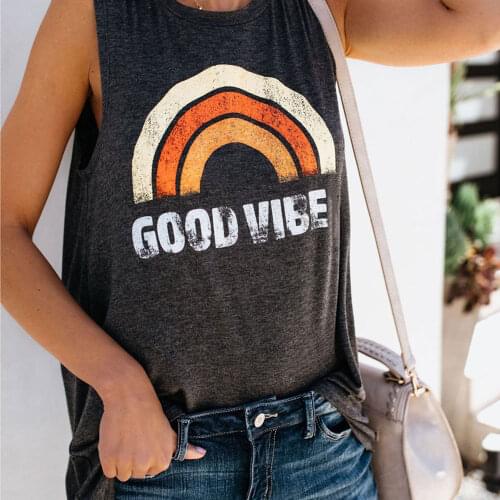 Sleeveless Womens Tee Shirt Good Vibes Tank Top Summer Female 2021 Basic T-Shirt Casual O Neck Pullovers Plus Size Streetwear